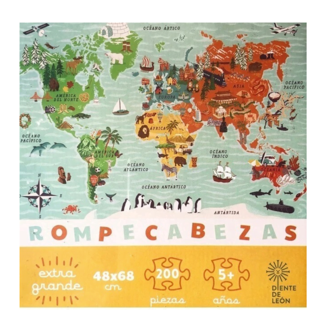Diente De León Rompecabezas Puzzle Jigsaw 200 Pieces Piezas, Mapa World Map, Mapamundi, 48 x 68 cm / 18.89″ x 26.77″